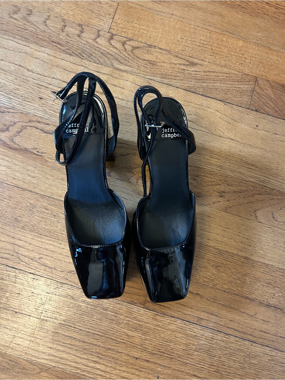 Jeffrey Campbell Black Patent Square-Toe Slingback Block Heels
